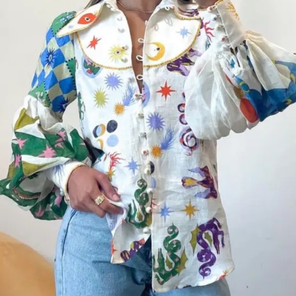 Whimsical Zodiac Print Cream Button-Up Blouse - Picture 5 of 7